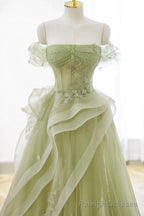 Green Tulle Lace Long Prom Dresses, Green Tulle Lace Formal Prom Dresses