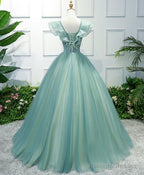 Green Tulle Lace Long Prom Gown, Tulle Lace Evening Dress