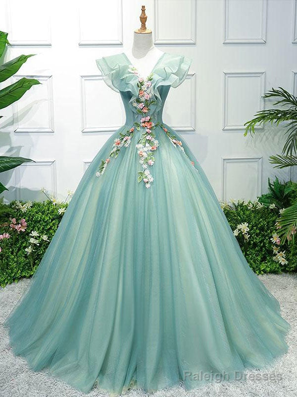 Green Tulle Lace Long Prom Gown, Tulle Lace Evening Dress Main image