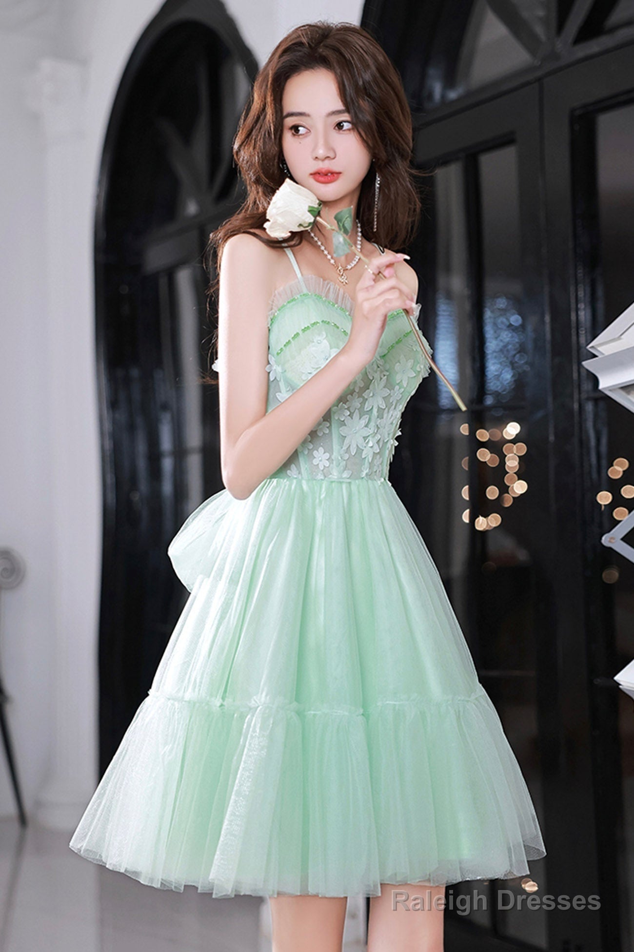 Green Tulle Lace Short Prom Dress, A-Line Evening Party Dress