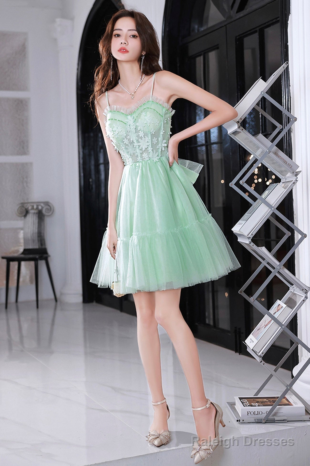 Green Tulle Lace Short Prom Dress, A-Line Evening Party Dress