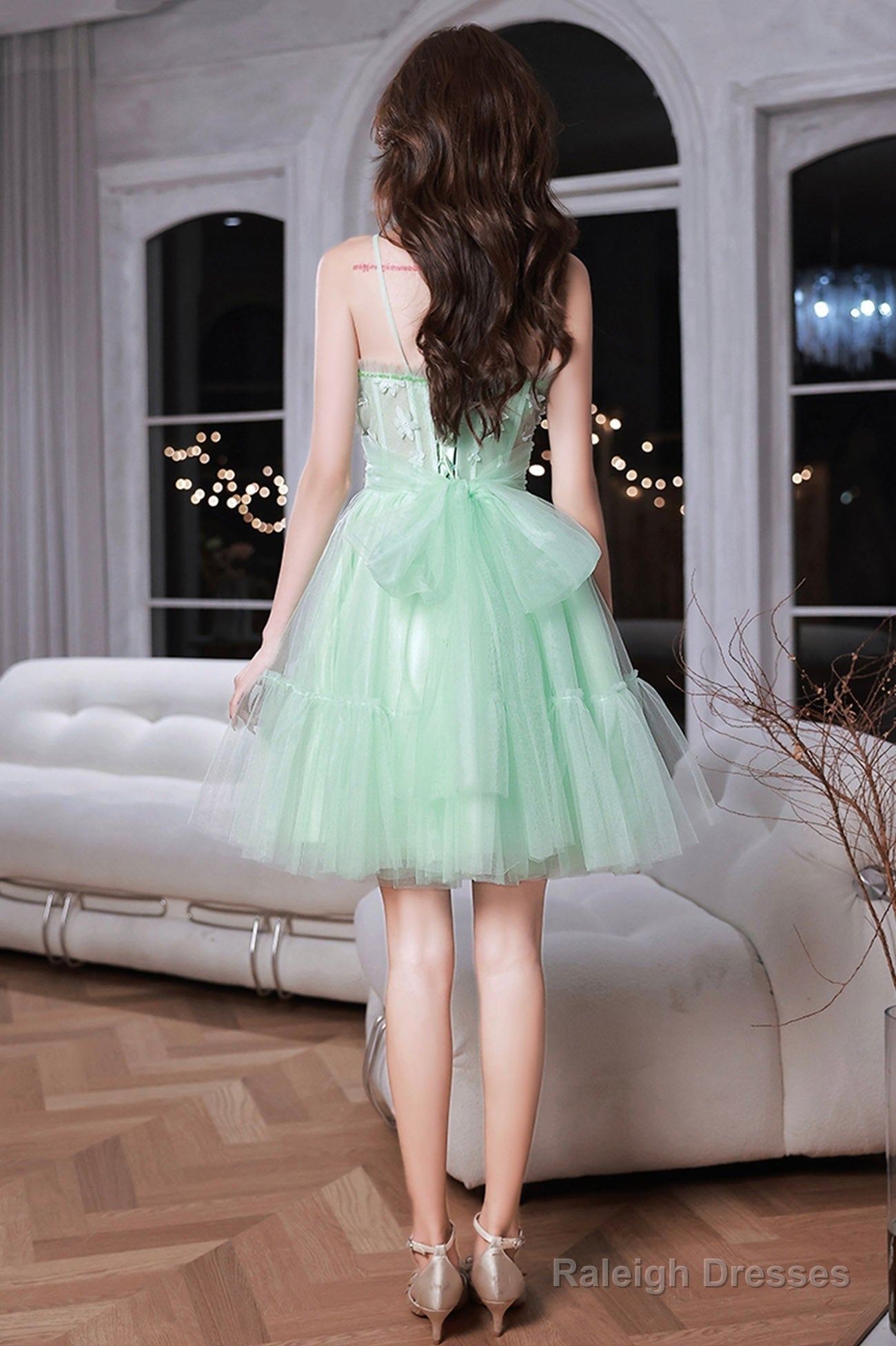 Green Tulle Lace Short Prom Dress, A-Line Evening Party Dress