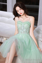 Green Tulle Lace Short Prom Dress, A-Line Evening Party Dress