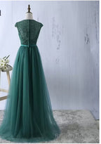 Green tulle lace top round neck long Prom dresses ,simple formal dress