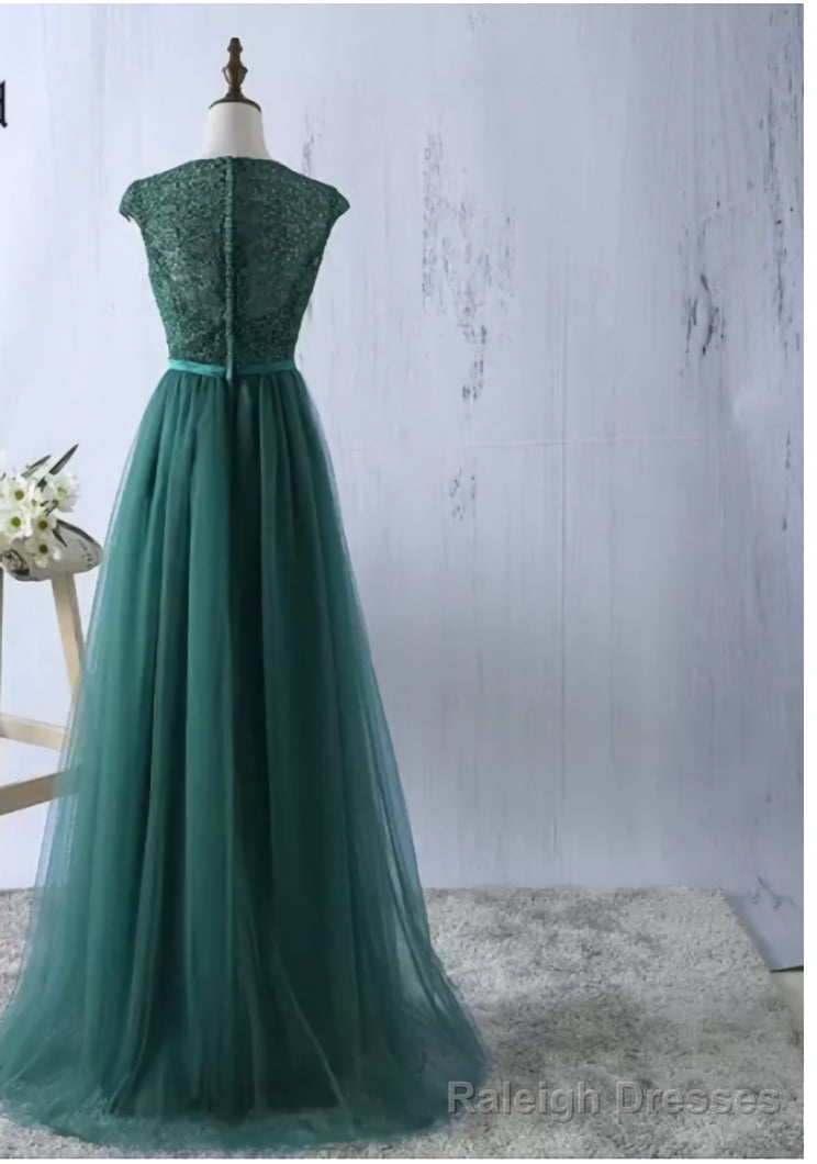 Green tulle lace top round neck long Prom dresses ,simple formal dress