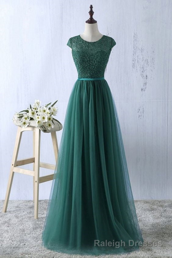 Green tulle lace top round neck long Prom dresses ,simple formal dress
