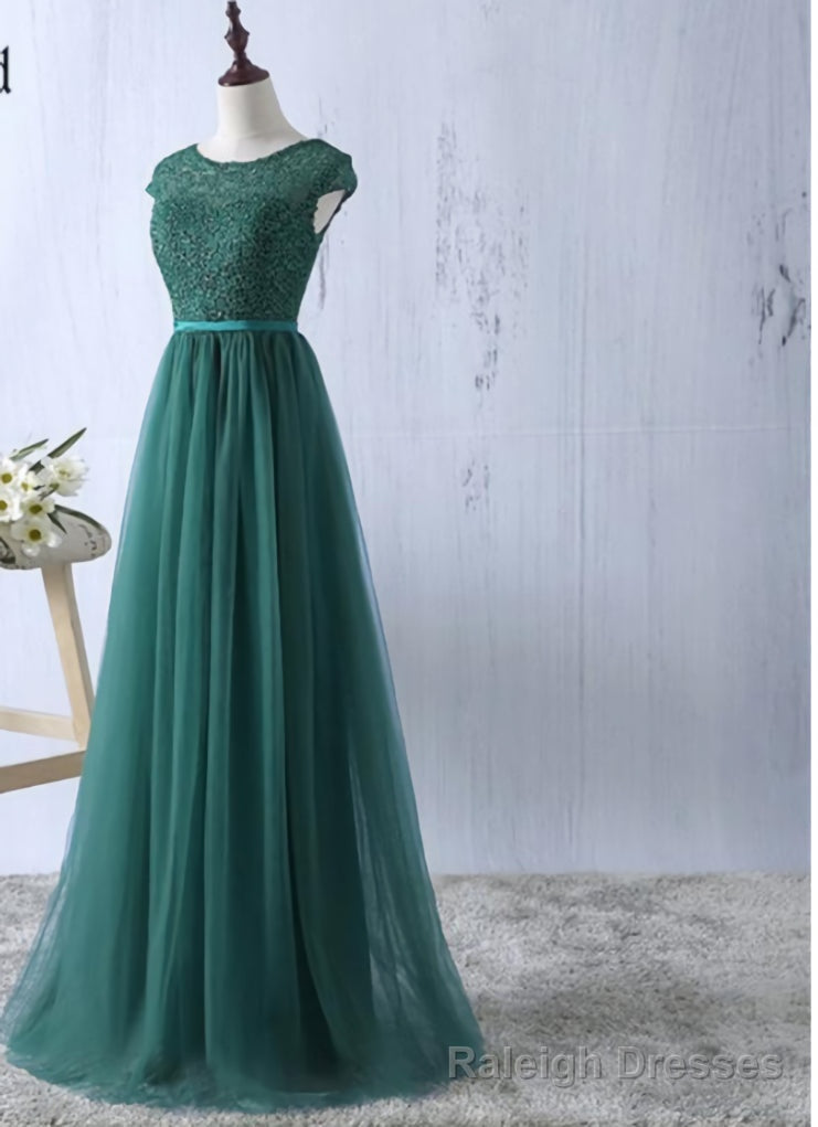 Green tulle lace top round neck long Prom dresses ,simple formal dress