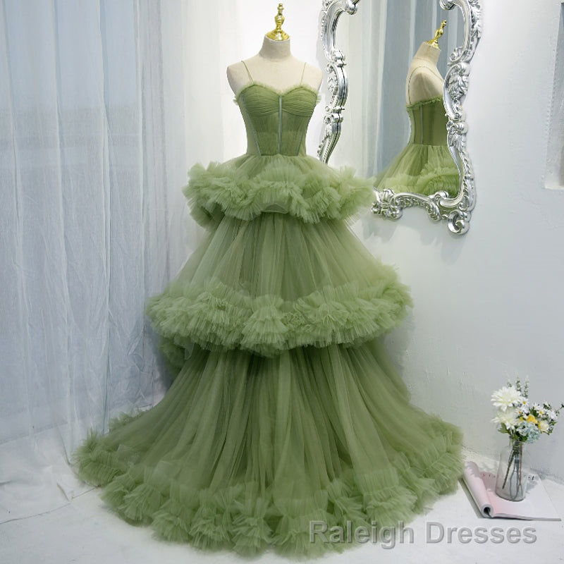Green Tulle Layers Straps Sweetheart Long Evening Dress Party Dress, Green Formal Dress Secondary image
