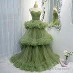 Green Tulle Layers Straps Sweetheart Long Evening Dress Party Dress, Green Formal Dress