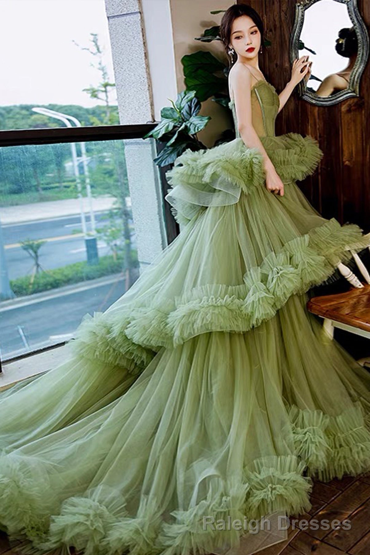 Green Tulle Layers Straps Sweetheart Long Evening Dress Party Dress, Green Formal Dress Main image