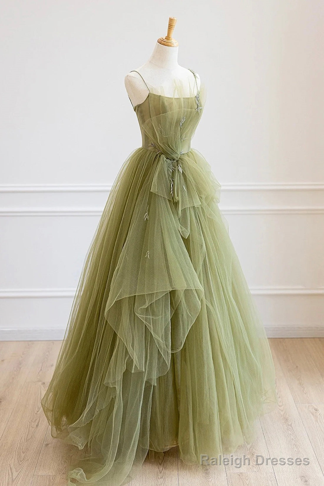 Green Tulle Long A-Line Prom Dress, Beautiful Spaghetti Strap Evening Dress Secondary image