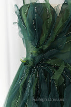 Green Tulle Long A-Line Prom Dress, Beautiful Spaghetti Straps Evening Dress