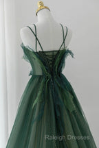 Green Tulle Long A-Line Prom Dress, Beautiful Spaghetti Straps Evening Dress
