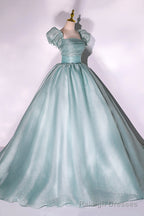 Green Tulle Long A-Line Prom Dress, Cute Short Sleeve Evening Party Dress