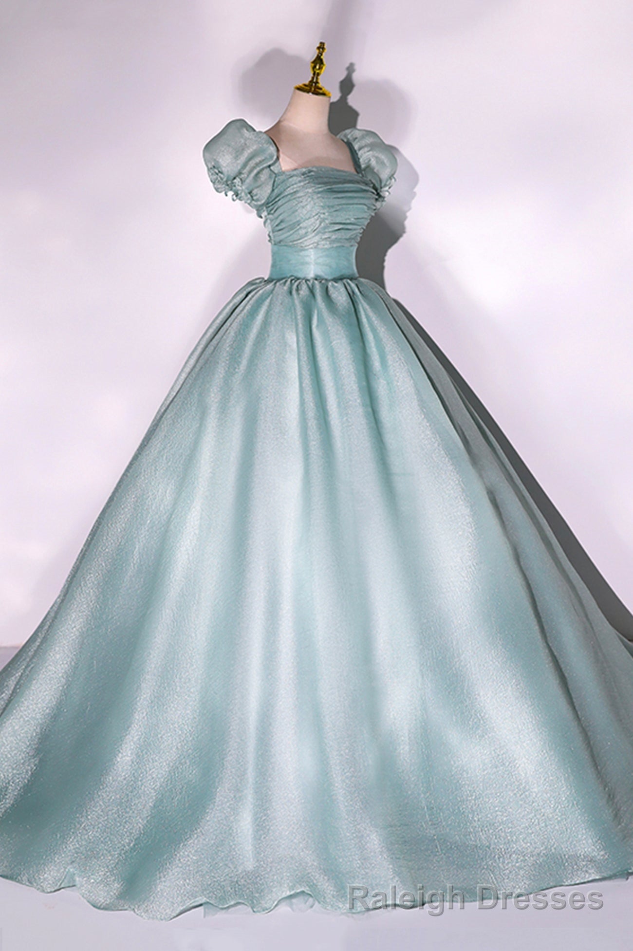 Green Tulle Long A-Line Prom Dress, Cute Short Sleeve Evening Party Dress