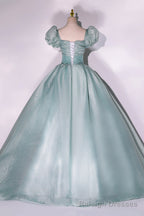 Green Tulle Long A Line Prom Dress, Cute Short Sleeve Prom Prom Dress