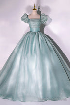 Green Tulle Long A Line Prom Dress, Cute Short Sleeve Prom Prom Dress