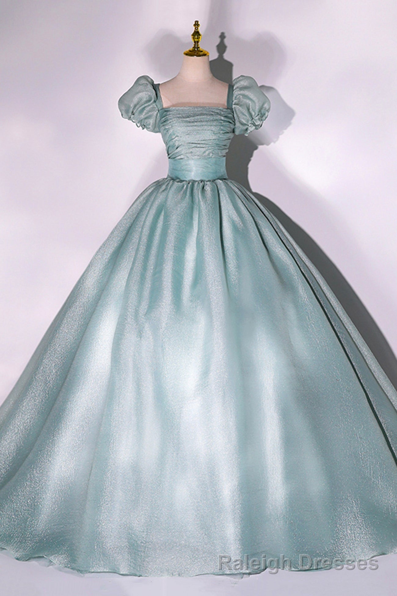 Green Tulle Long A Line Prom Dress, Cute Short Sleeve Prom Prom Dress