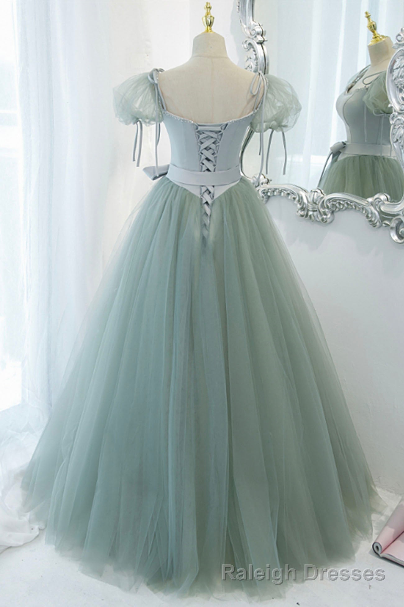Green Tulle Long A Line Prom Dress, Cute Short Sleeve Graduation Dress Secondary image