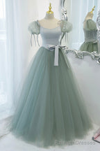 Green Tulle Long A Line Prom Dress, Cute Short Sleeve Graduation Dress