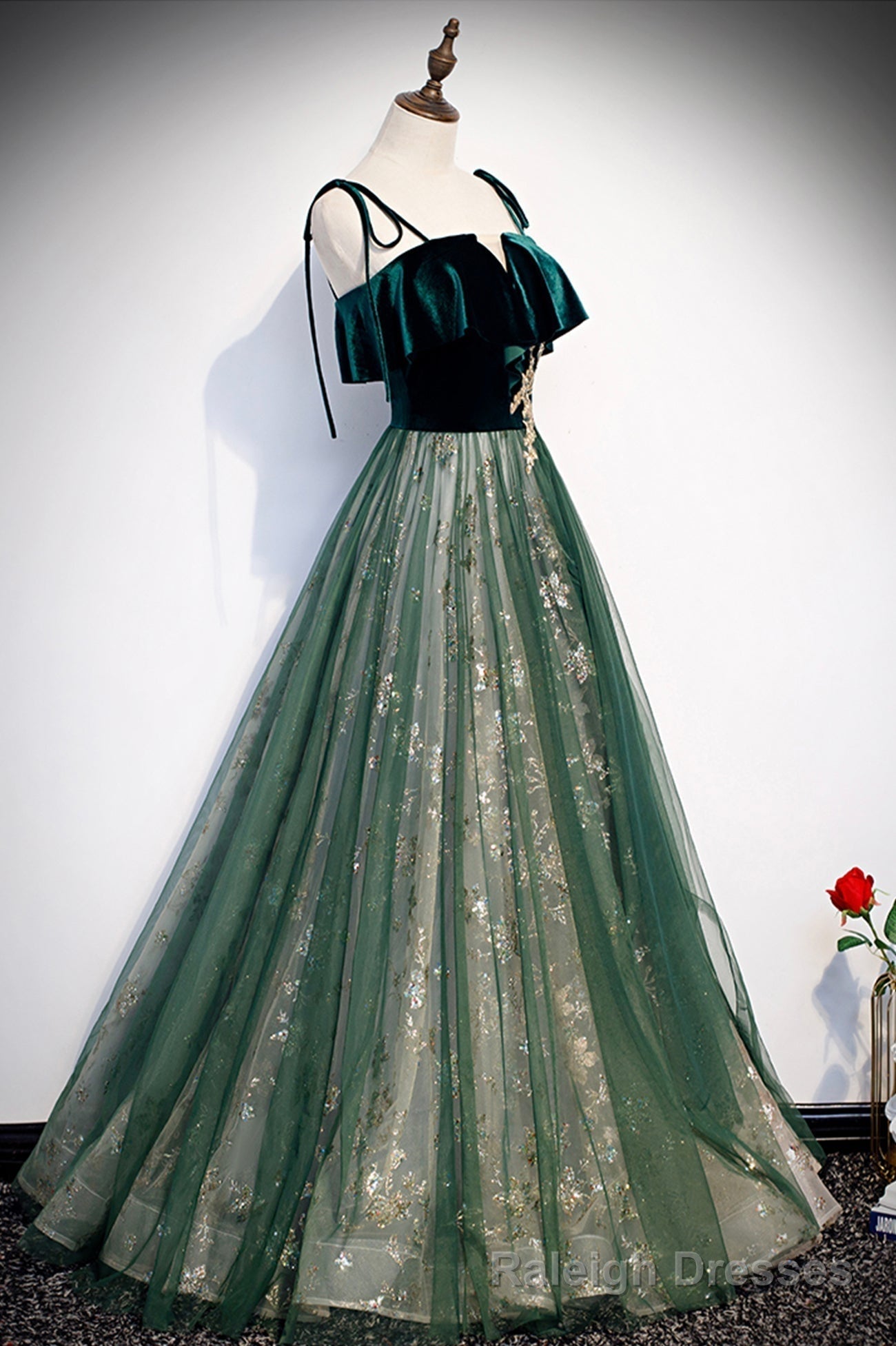 Green Tulle Long A-Line Prom Dress, Green Spaghetti Straps Graduation Dress Main image