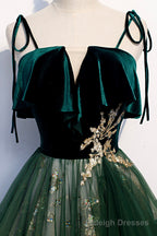 Green Tulle Long A Line Prom Dress, Green Spaghetti Straps Graduation Dress