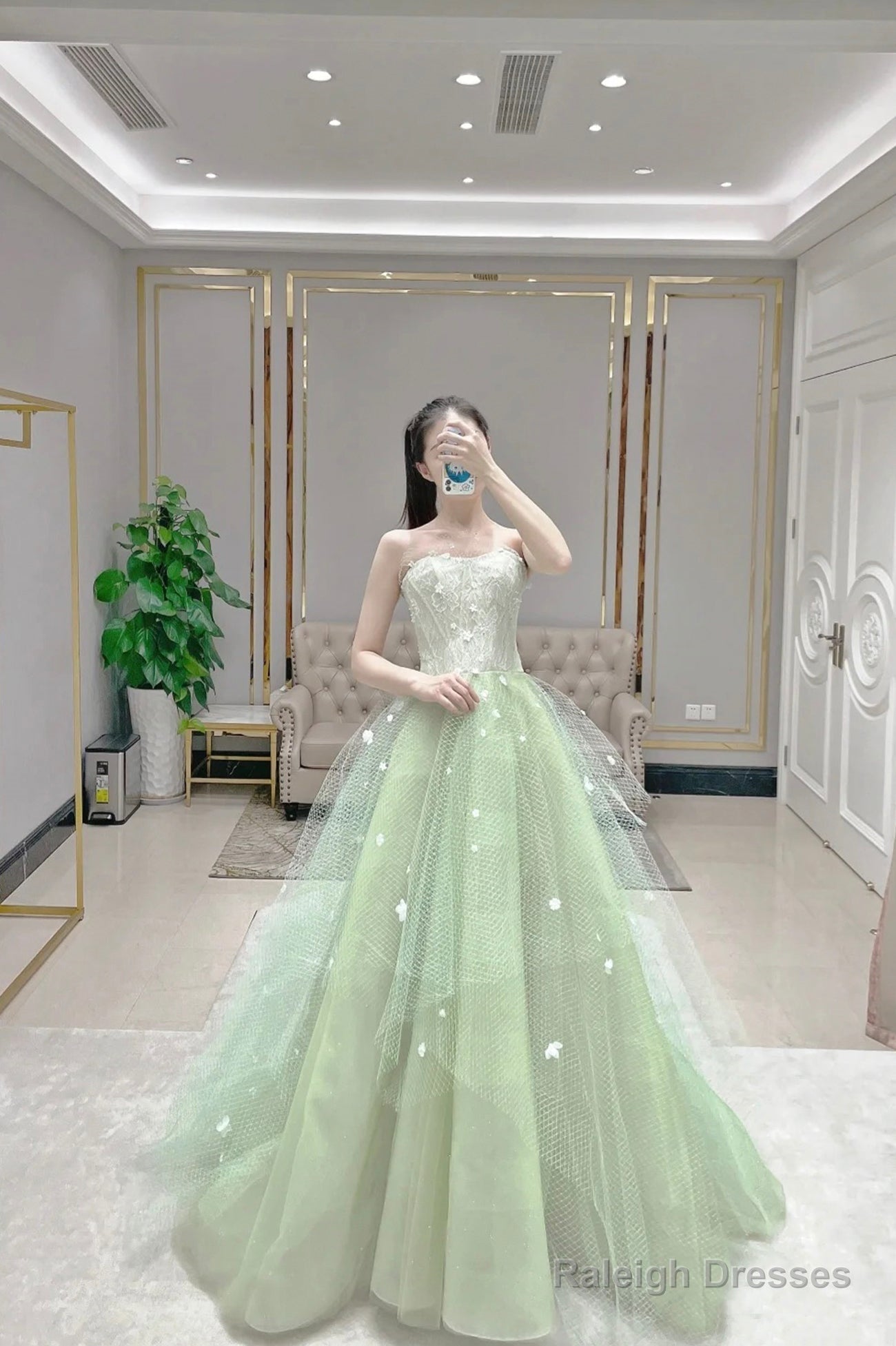 Green Tulle Long A-Line Prom Dress, Green Strapless Evening Graduation Dress Main image