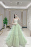 Green Tulle Long A-Line Prom Dress, Green Strapless Evening Graduation Dress
