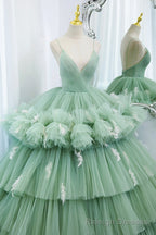 Green Tulle Long A Line Prom Dress, Green V Neck Formal Prom Gowns