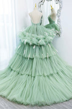 Green Tulle Long A Line Prom Dress, Green V Neck Formal Prom Gowns