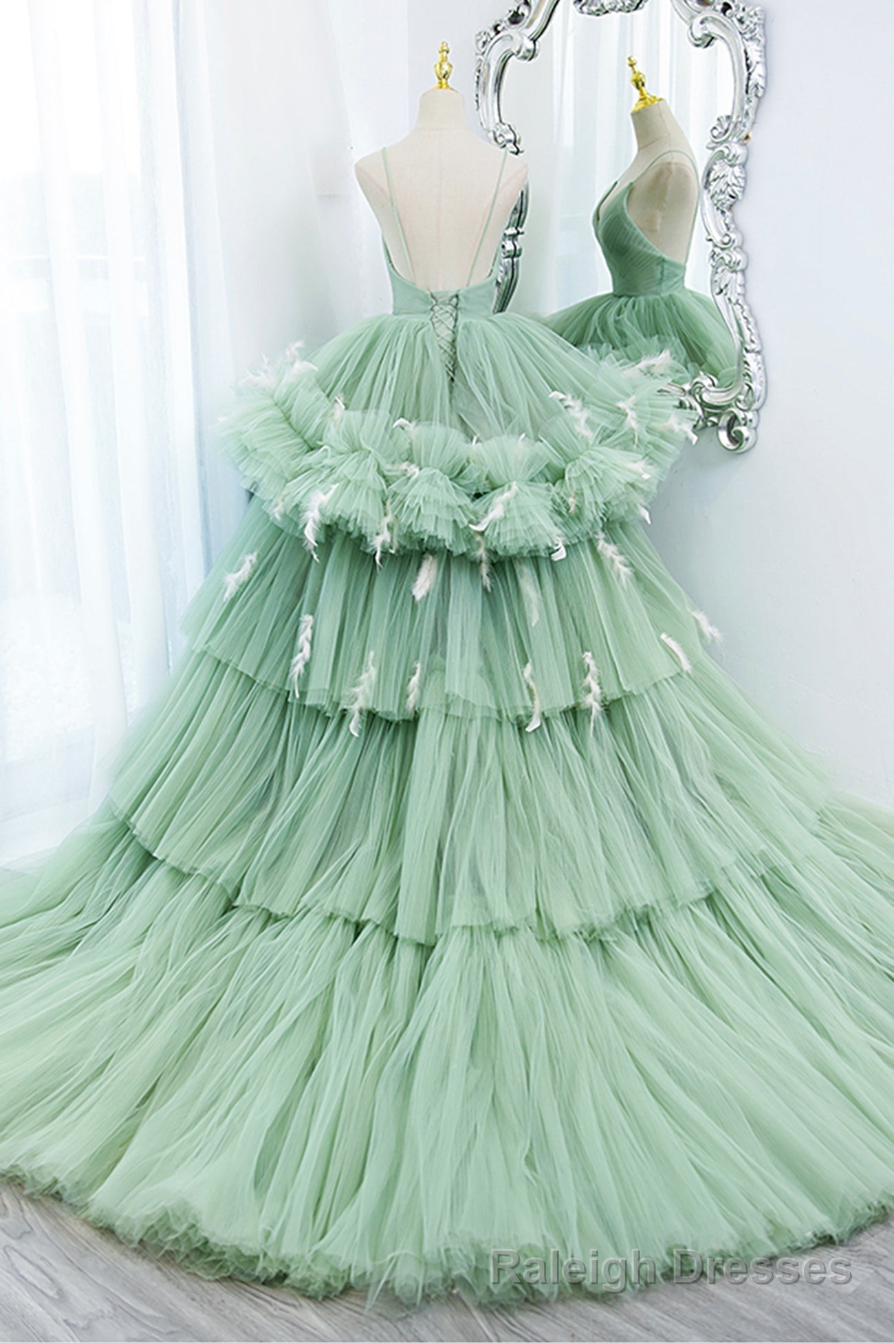 Green Tulle Long A Line Prom Dress, Green V Neck Formal Prom Gowns