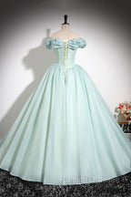 Green Tulle Long A-Line Prom Dress, Lovely Off The Shoulder Evening Party Dress