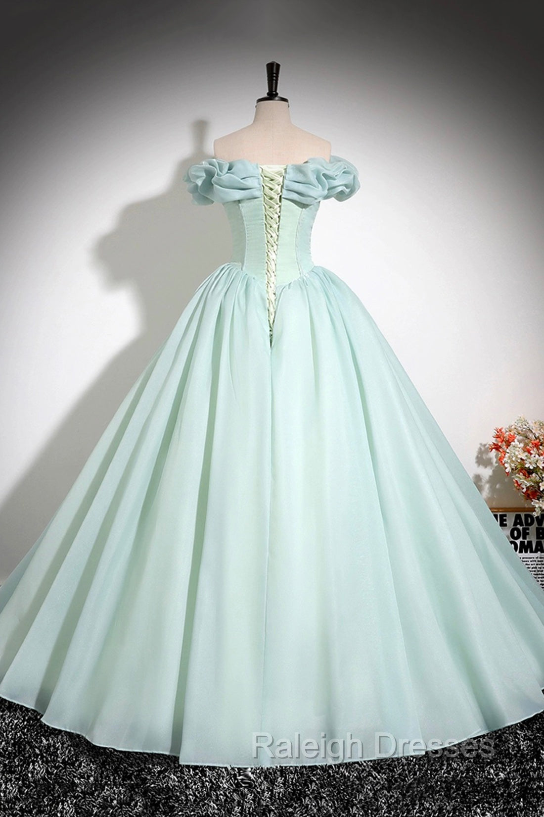 Green Tulle Long A-Line Prom Dress, Lovely Off The Shoulder Evening Party Dress
