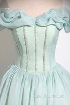 Green Tulle Long A-Line Prom Dress, Lovely Off The Shoulder Evening Party Dress
