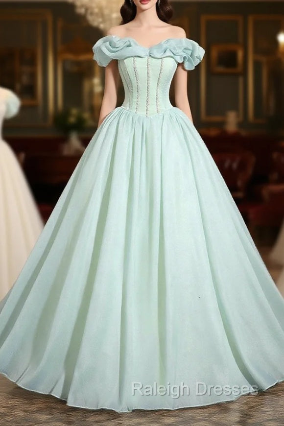 Green Tulle Long A-Line Prom Dress, Lovely Off The Shoulder Evening Party Dress Main image