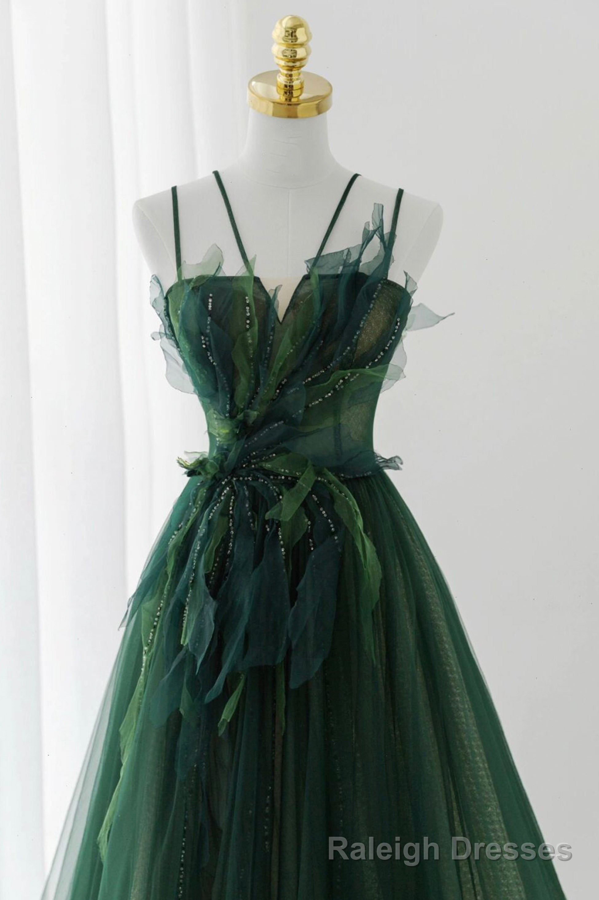 Green Tulle Long A-Line Prom Dress, Spaghetti Straps Evening Dress