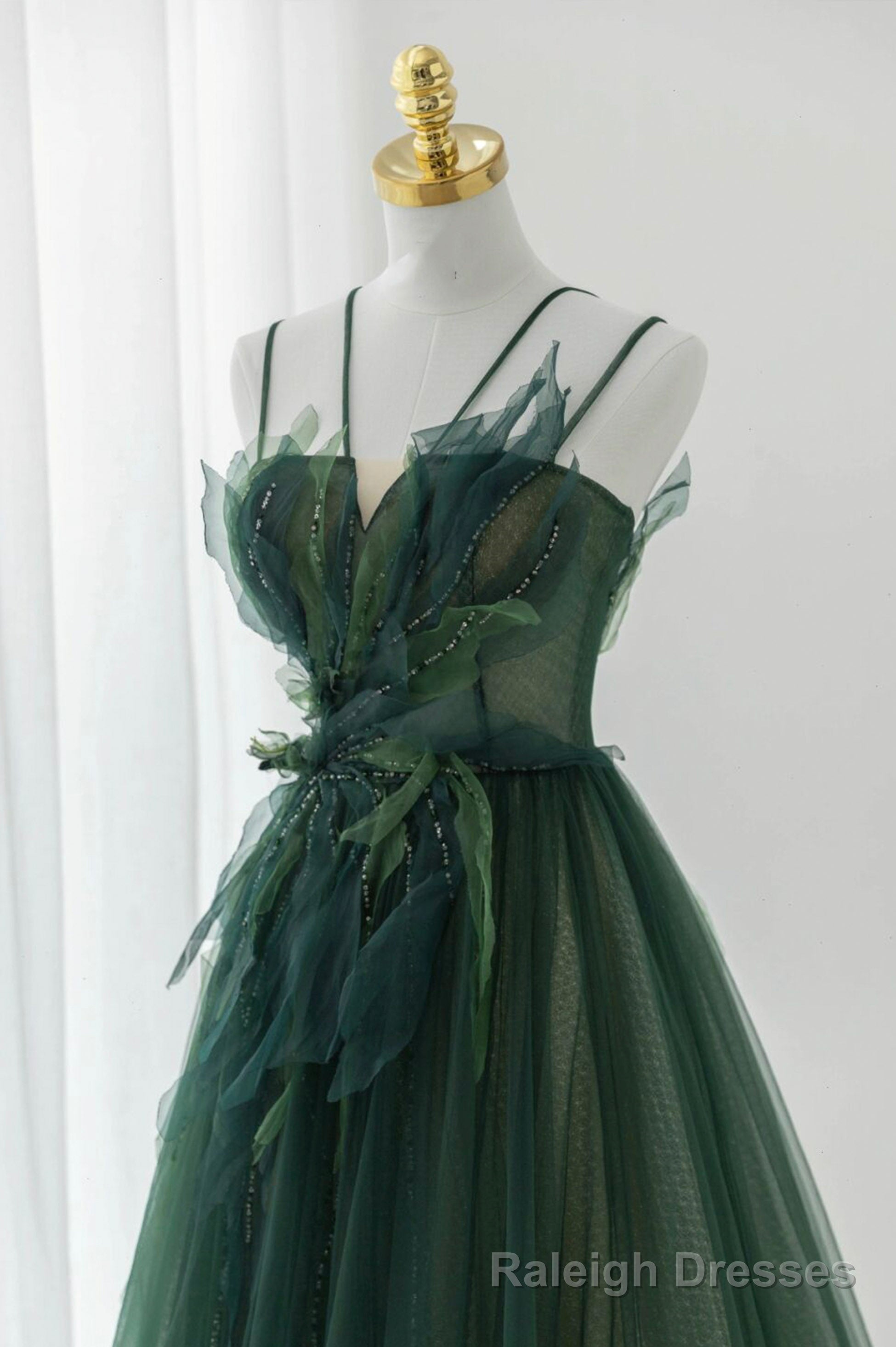 Green Tulle Long A Line Prom Dress, Spaghetti Straps Prom Dress