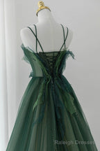 Green Tulle Long A Line Prom Dress, Spaghetti Straps Prom Dress