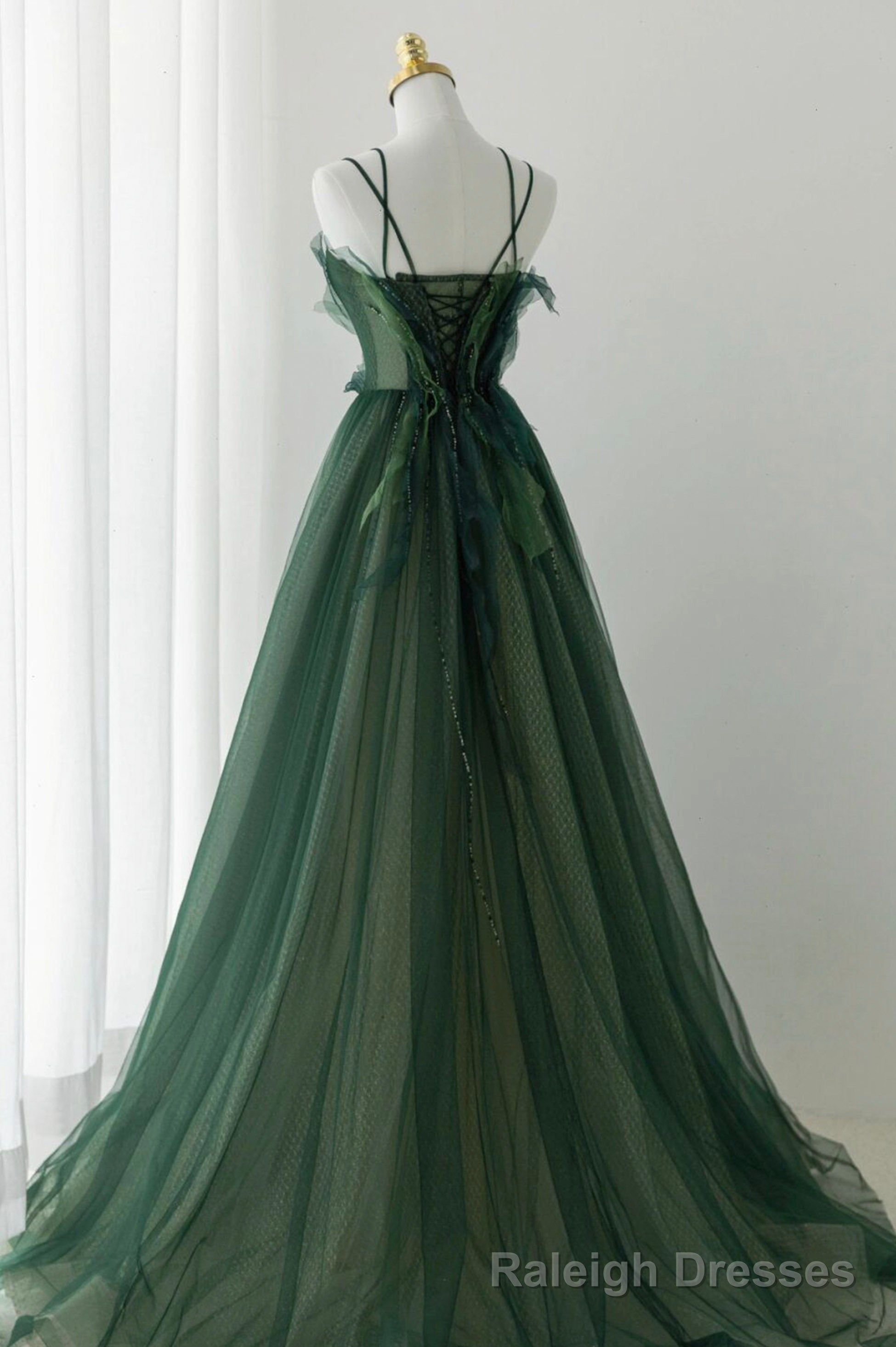Green Tulle Long A Line Prom Dress, Spaghetti Straps Prom Dress