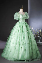 Green Tulle Long A-Line Prom Dress With Butterfly Lace, Beautiful  Short Sleeve Evening Dress