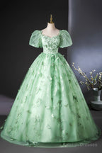 Green Tulle Long A-Line Prom Dress With Butterfly Lace, Beautiful  Short Sleeve Evening Dress