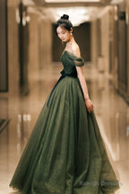 Green Tulle Long Prom Dress, Off The Shoulder A-Line Evening Party Dress