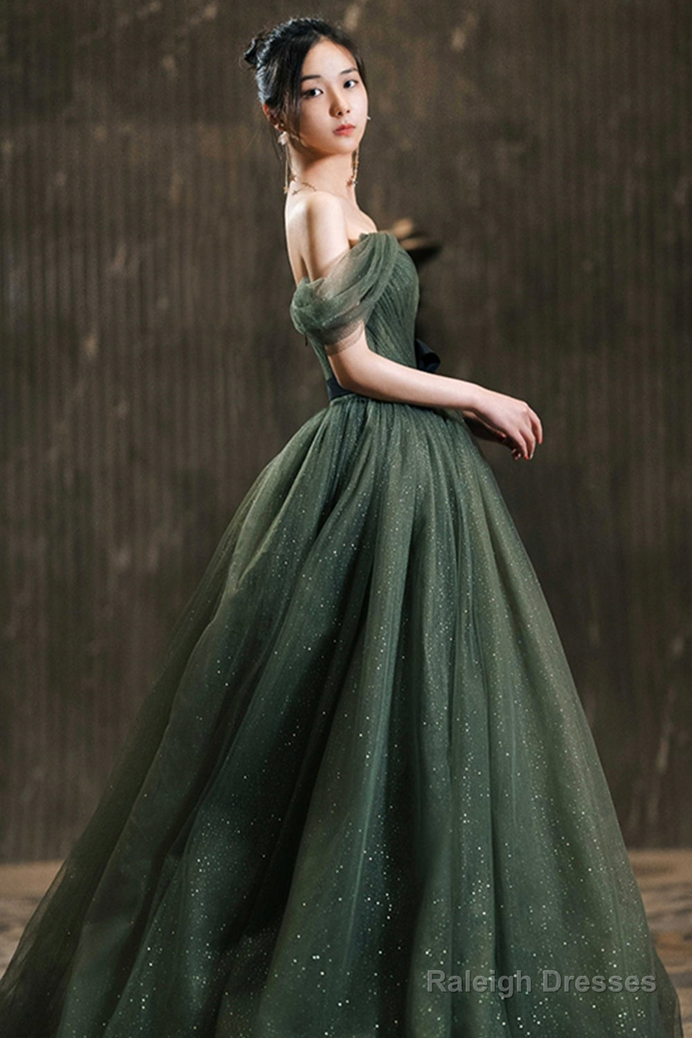 Green Tulle Long Prom Dress, Off The Shoulder A-Line Evening Party Dress