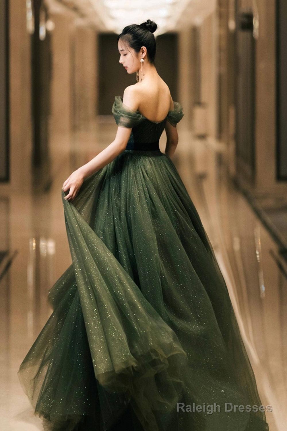 Green Tulle Long Prom Dress, Off The Shoulder A-Line Evening Party Dress Main image