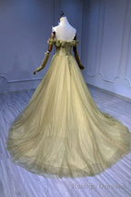 Green Tulle Long Prom Dress, Off the Shoulder Prom Graduation Dress