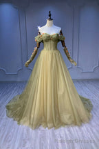 Green Tulle Long Prom Dress, Off the Shoulder Evening Graduation Dress