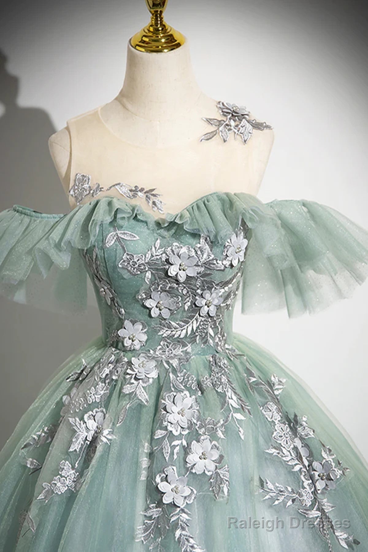 Green Tulle Long Prom Dress With Lace Applique, A-Line Off Shoulder Evening Dress
