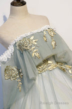 Green Tulle Long Prom Dress with Lace, Off the Shoulder Prom Gowns