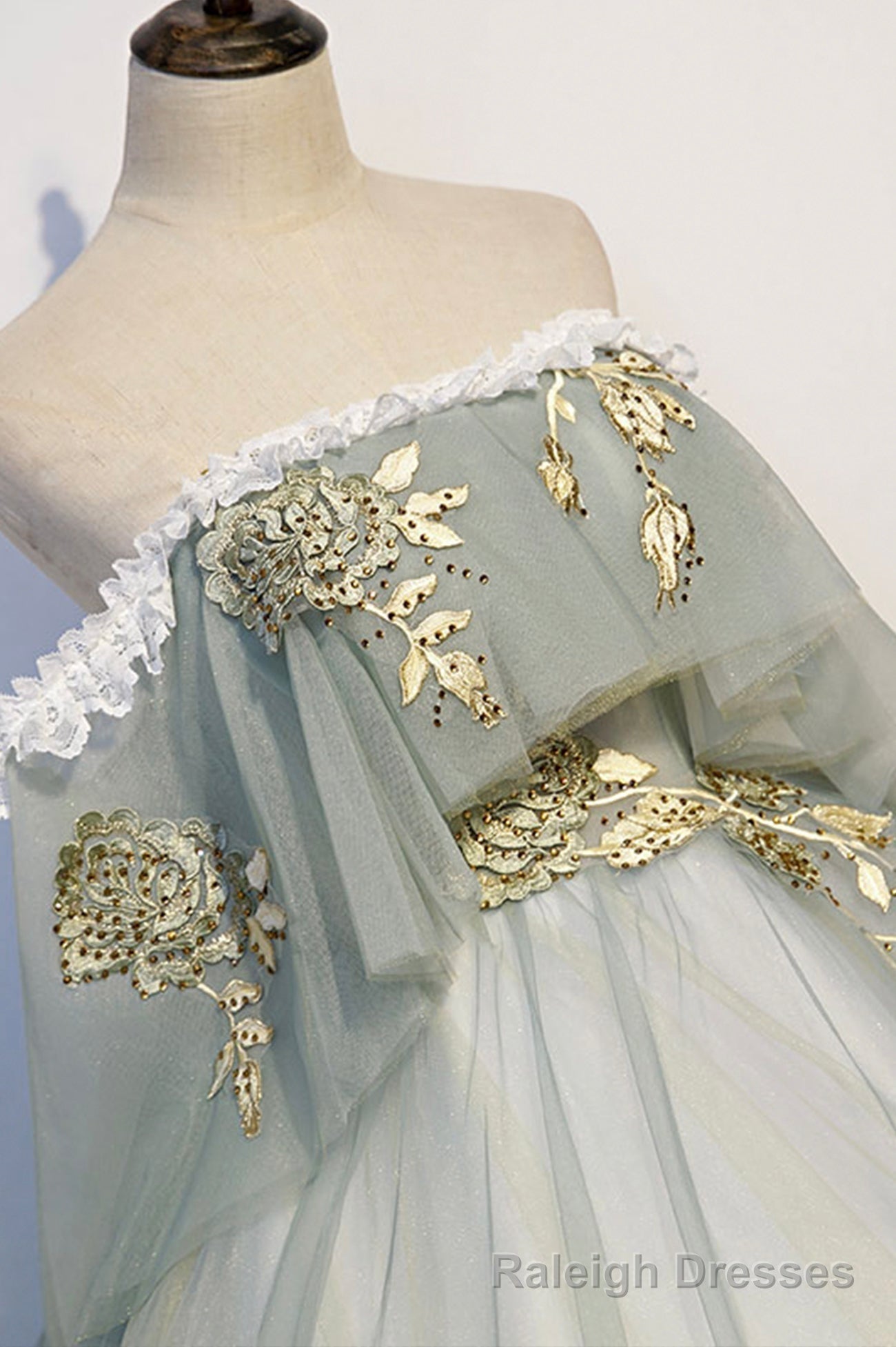 Green Tulle Long Prom Dress with Lace, Off the Shoulder Prom Gowns