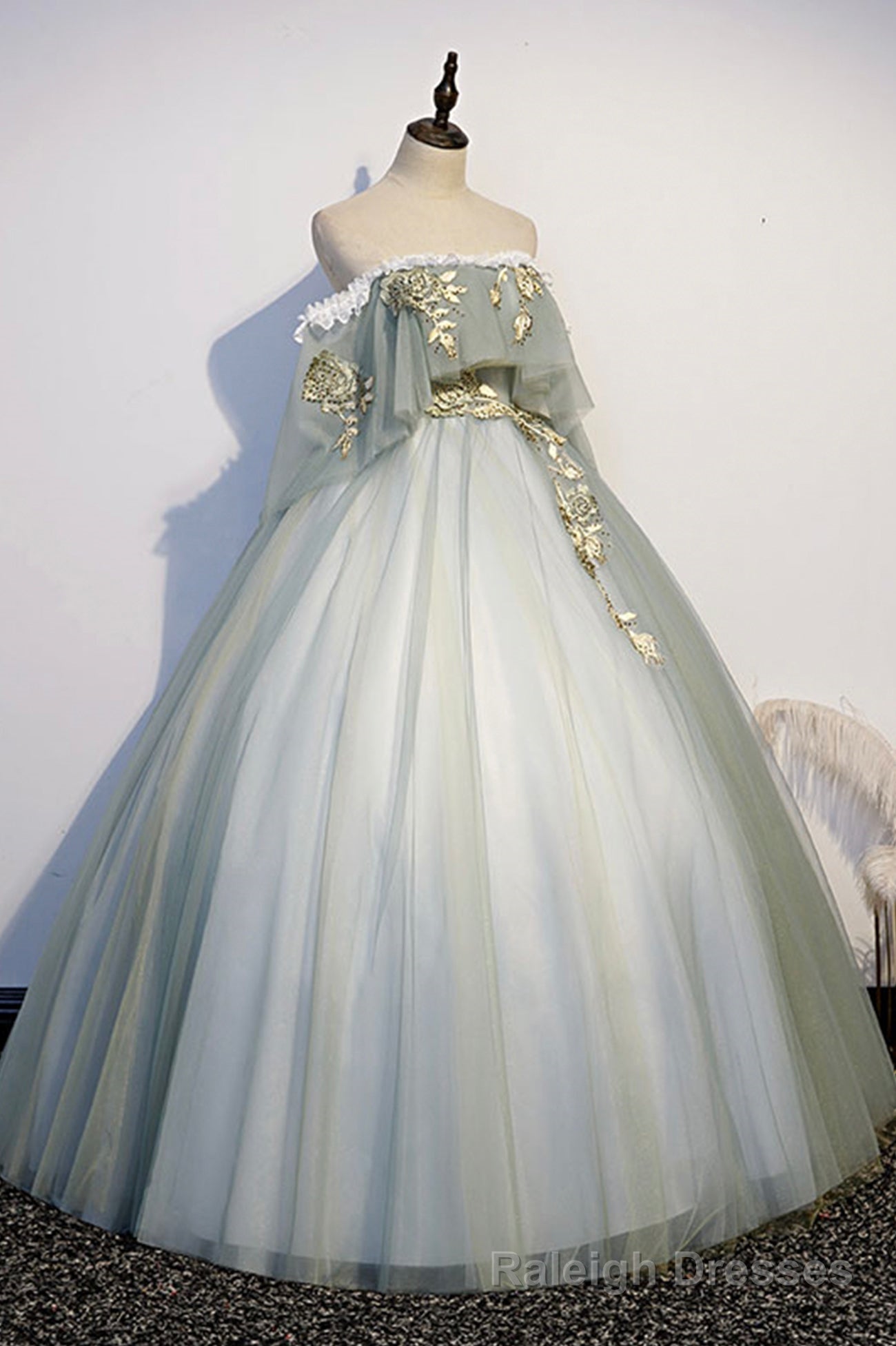 Green Tulle Long Prom Dress with Lace, Off the Shoulder Prom Gowns Secondary image